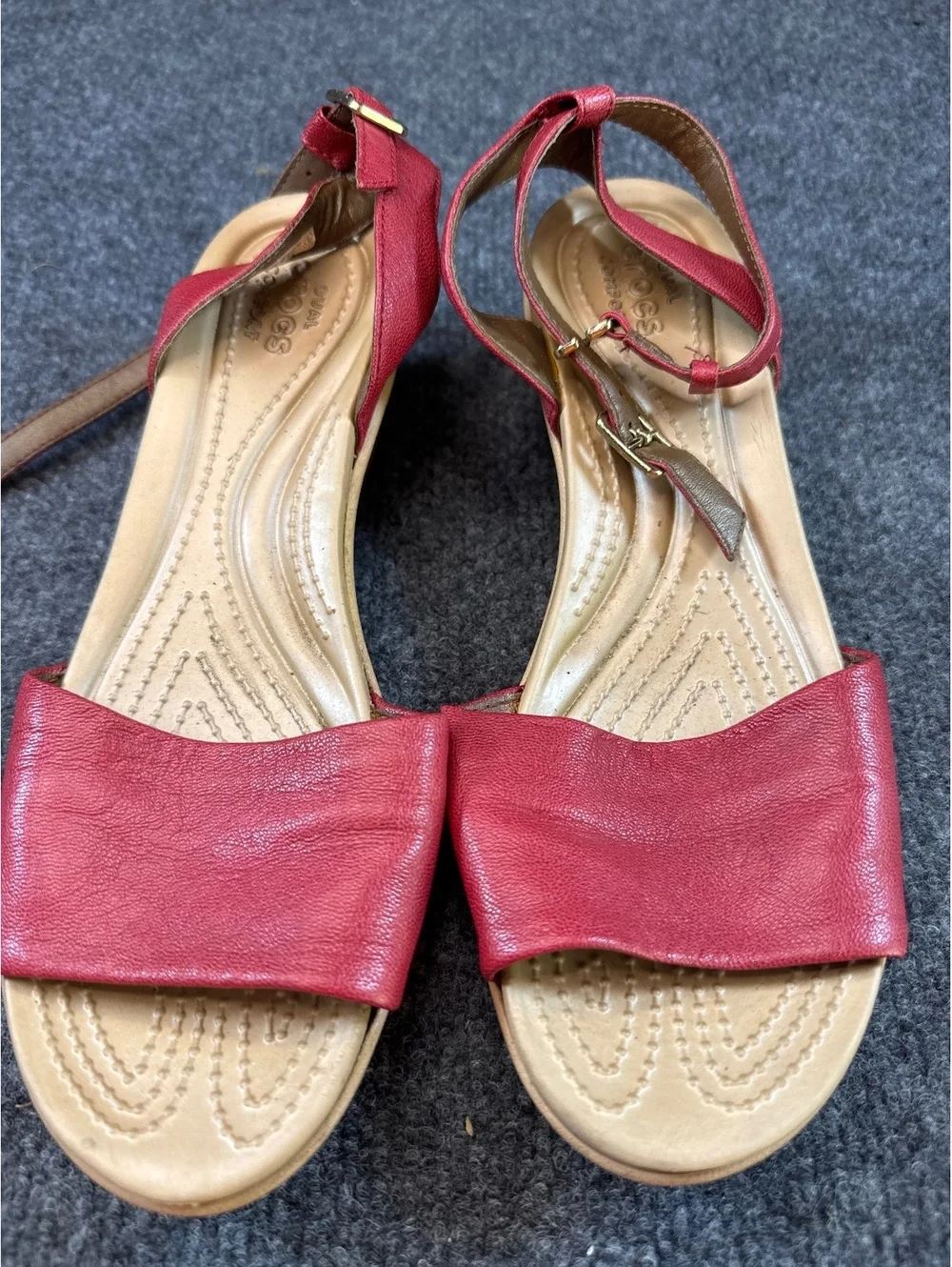 Crocs Women’s Red Leather Ankle Strap Wedge Sandals Open Toe Comfort Shoes